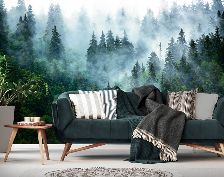misty forest wallpaper in trendy grey and green living room
