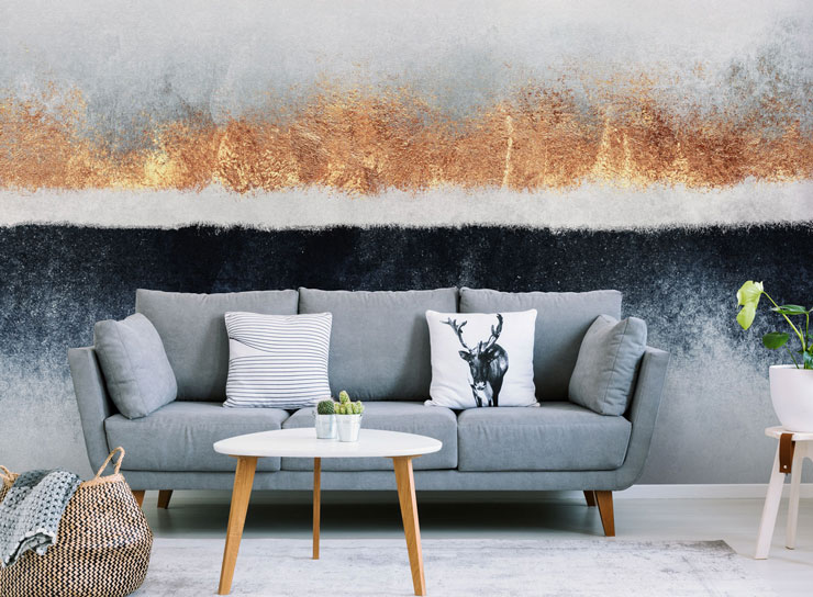 grey, gold and white abstract wallpaper in grey lounge
