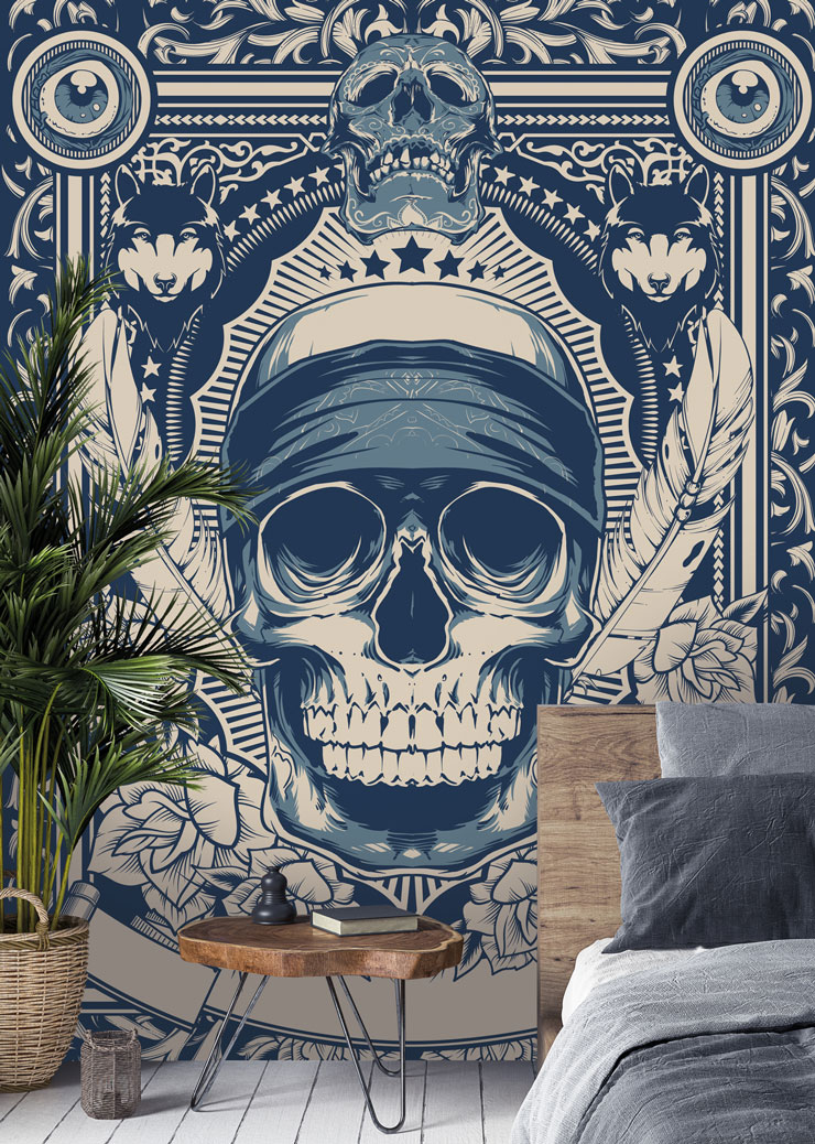 blue and white detailed skull art in blue, chilled bedroom