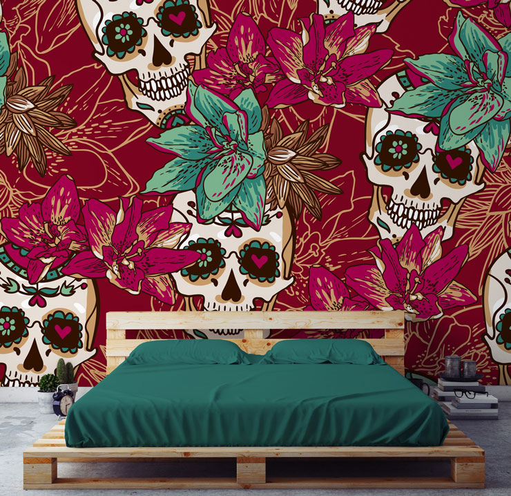 pink and green mexican flowers and skulls wall mural with green bed