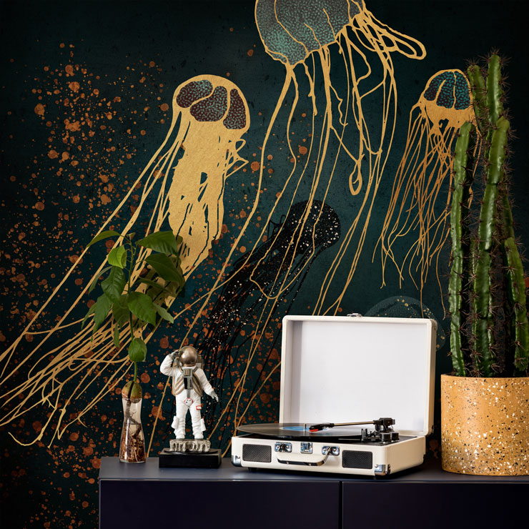 gold jellyfish on inky black background mural with record player