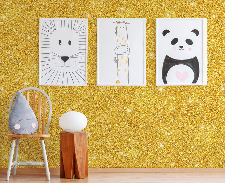 gold un-glitter wallpaper in child's bedroom