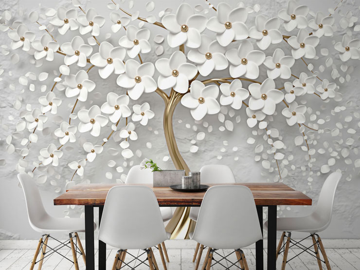 white flowers with gold wall mural in beautiful diningroom