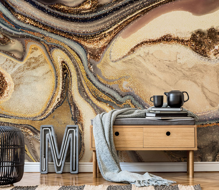 cream, gold, brown and bronze marble wallpaper in trendy lounge