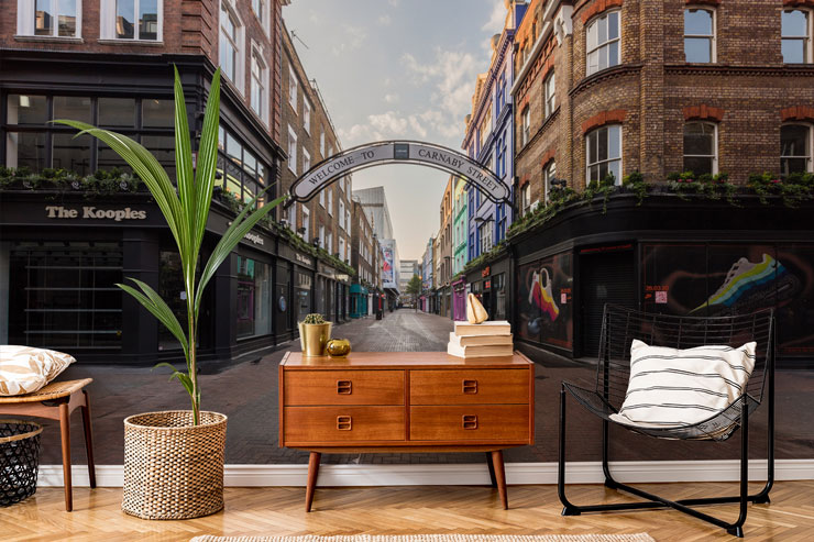 london carnaby street lockdown wallpaper in trendy lounge