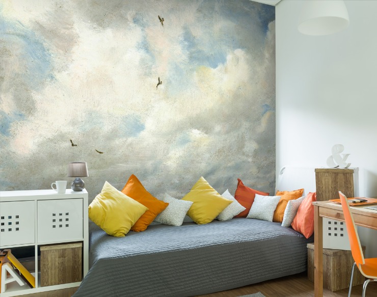 classic clouds painting wallpaper in kids room