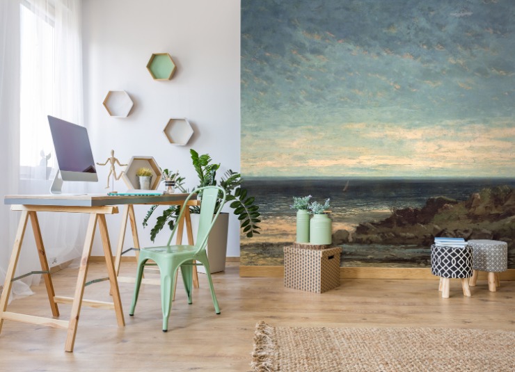 seaside painting wallpaper in trendy office