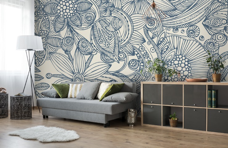 white and blue floral wallpaper in kids seating area