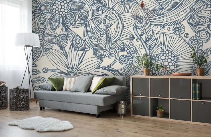 white and blue floral wallpaper in kids seating area white and blue floral wallpaper in kids seating area
