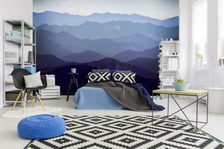 abstract blue mountain wall mural in blue bedroom