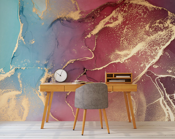 gold pink and blue marble wallpaper in students office area