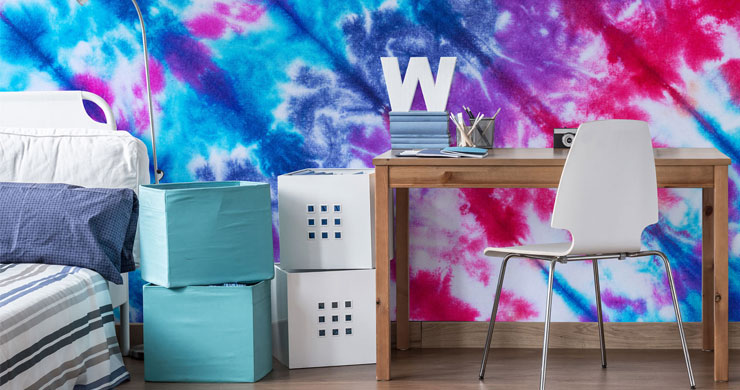 purple, blue and white tie dye wallpaper in students room