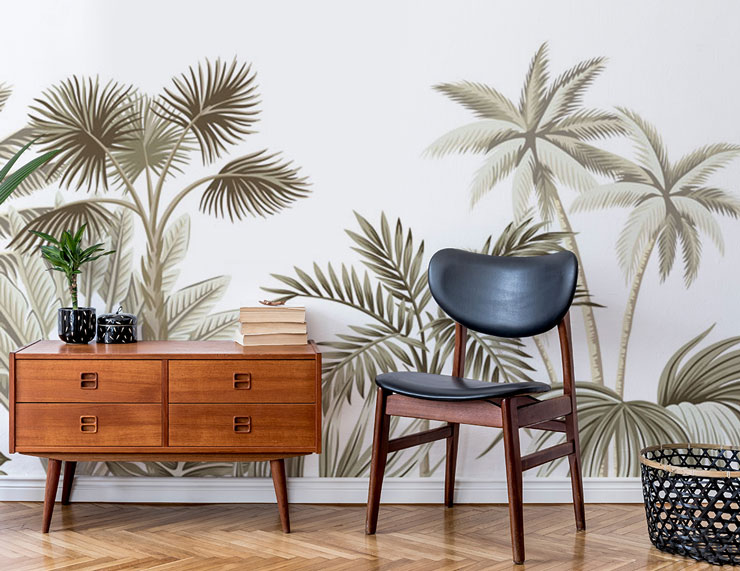 illustrated green palms and tropical plants in wood decorlounge