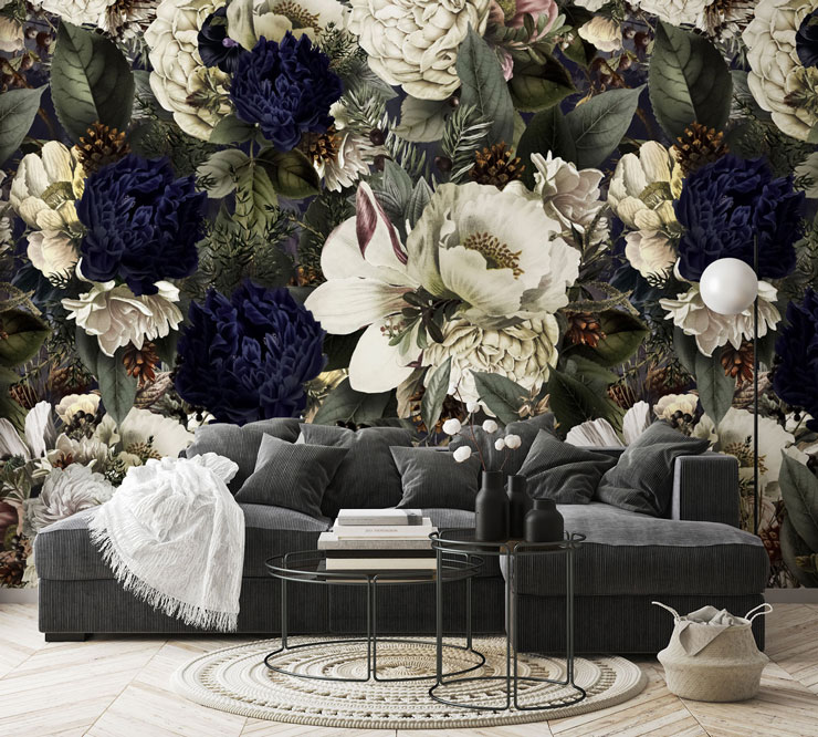 grey, navy and white illustration of dark flowers wallpaper in grey lounge
