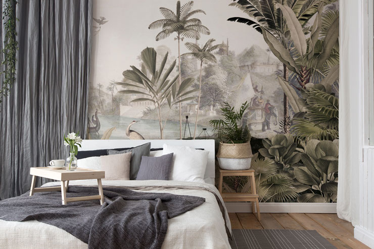 vintage jungle illustration in trendy boho lounge