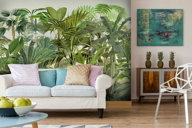 illustrated green jungle in mixed colour lounge with white settee