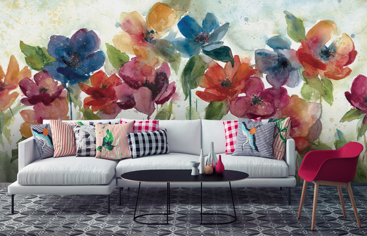 painted colourful flowers in lounge with tiled floor and quirky cushions on sofa wallpaper