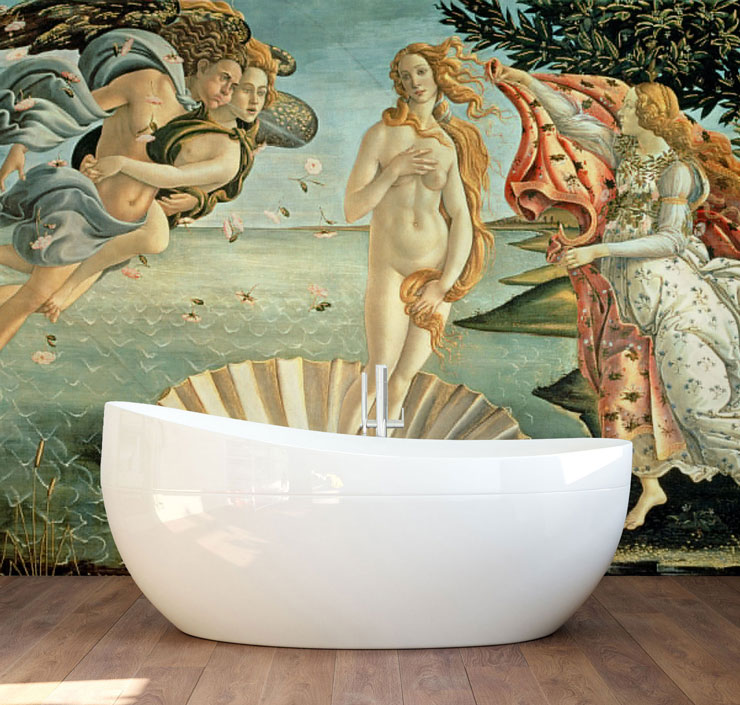 antique painting of venus by Boticelli in modern bathroom