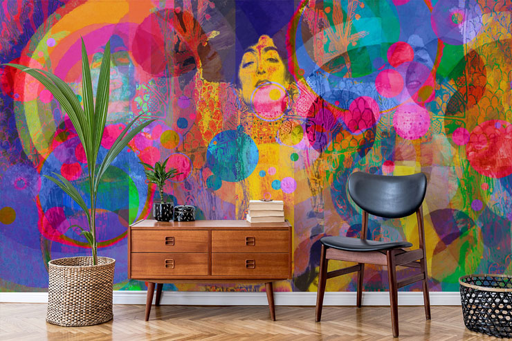 judith painting in abstract rainbow colours wallpaper in cool lounge
