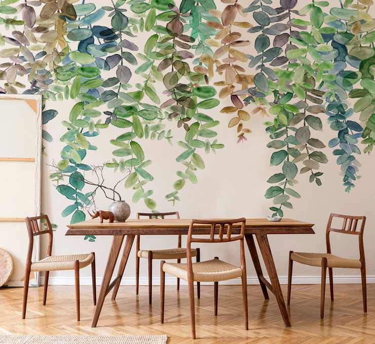 brown, green, blue hanging leaves wallpaper in natural wood dining room