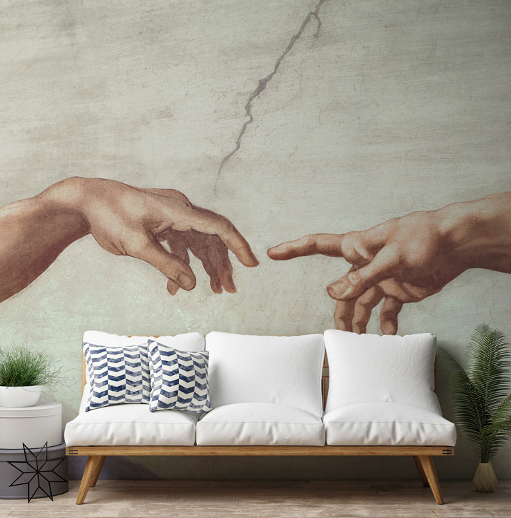 antique painting of two hands touching wallpaper in white and blue themed timeless trends lounge