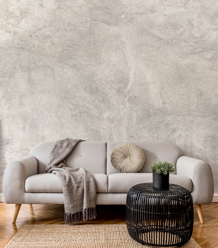 grey plaster wallpaper in stylish and classic grey living room