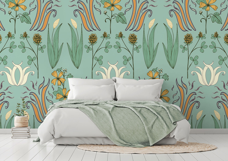 art nouveau pastel blue and ochre floral pattern in calming bedroom