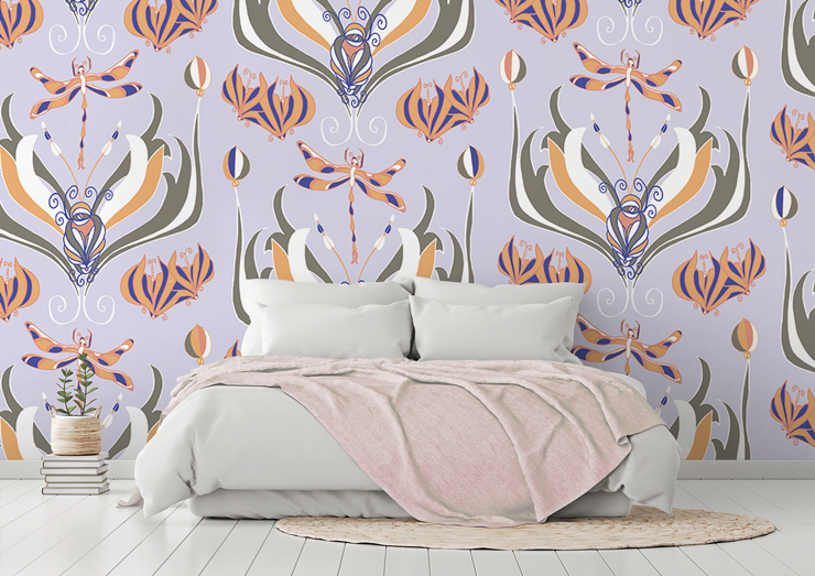 pastel oranges and blues nature inspired pattern wallpaper in romantic bedroom