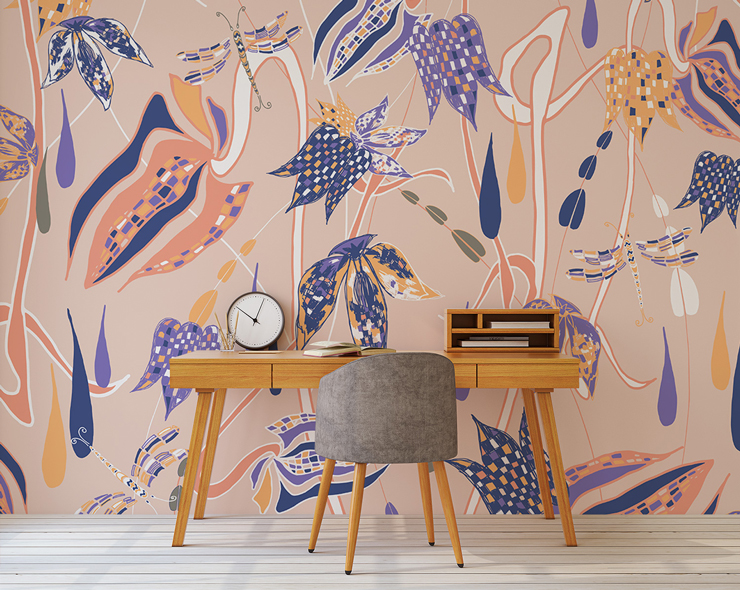 salmon pink, blue and orange floral design wallpaper in trendy office