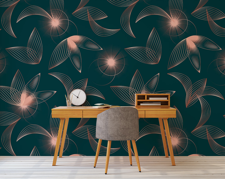 dark blue/green with pastel florals wallpaper in modern office