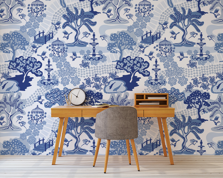 white and blue oriental wallpaper in modern office