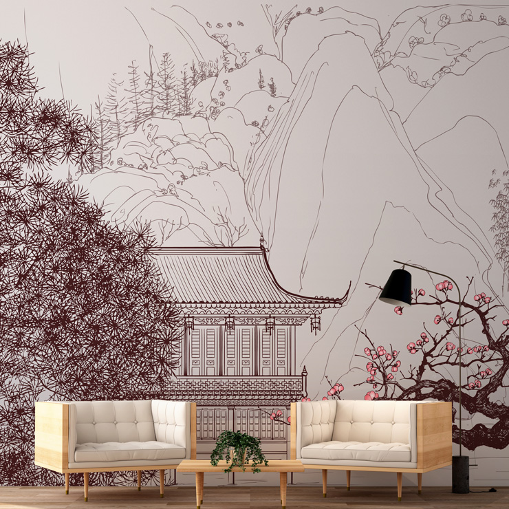 white and pink oriental house and sakura blossom wallpaper with two white low seats