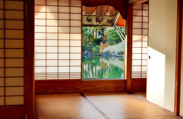 Japanese room with tatami mats and screens