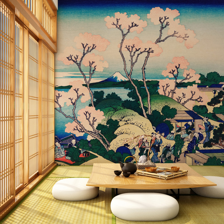 oriental art of a blossom landscape wallpaper in tatami room with low white round seating and table