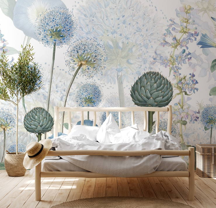 blue floral wallpaper in boho bedroom