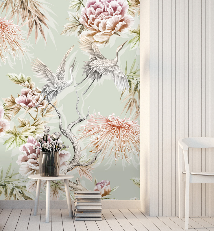 pale blue, floral and heron bird wallpaper in subtle white lounge are