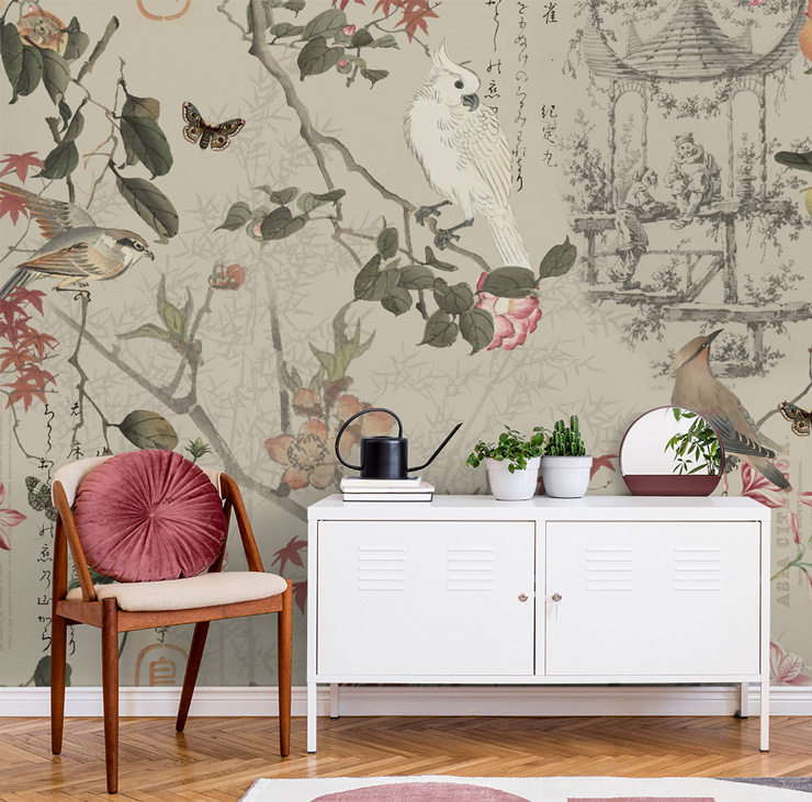 vintage chinese garden painting wallpaper in white and pink themed lounge