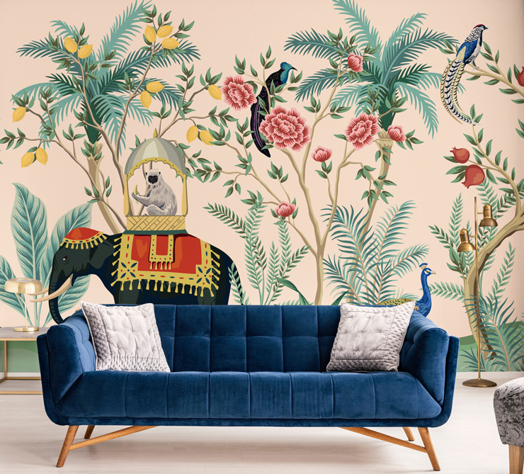 black elephant with red hat in tropical jungle with birds and monkey wallpaper with navy blue sofa