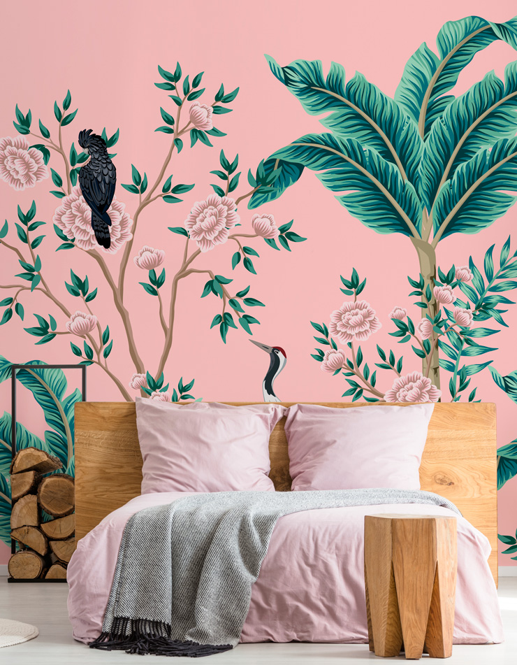 pink chinoiserie jungle wallpaper in pink master bedroom