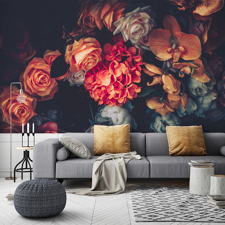 dark floral wallpaper in romantic lounge