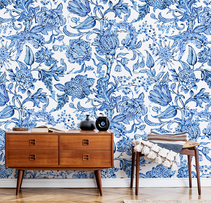 blue and white vintage floral wall mural in on-trend hallway