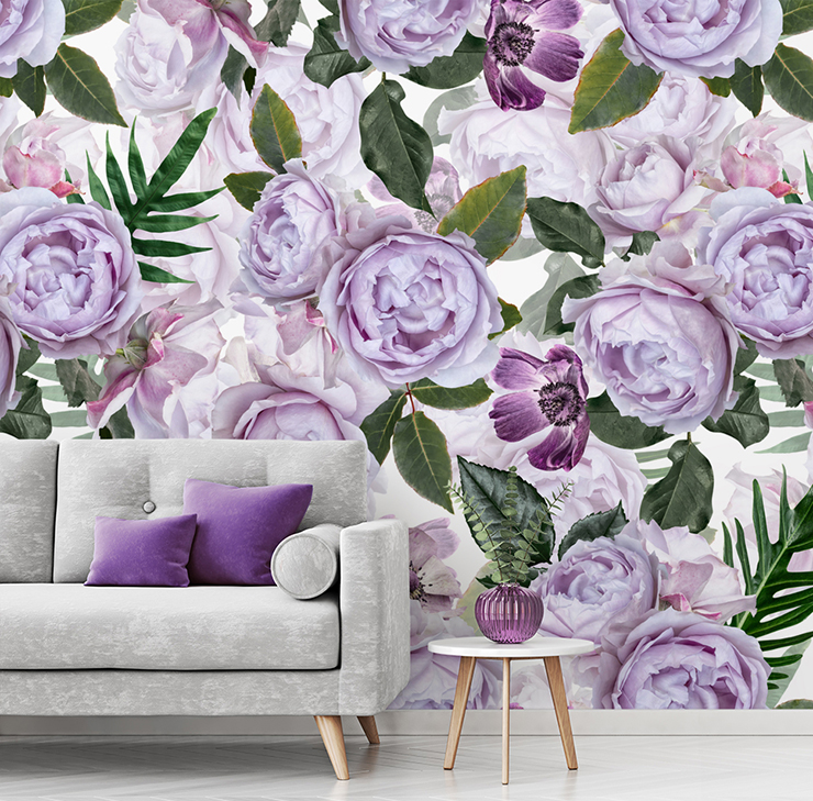 illustrated purple peonies wallpaper in purple and grey living room