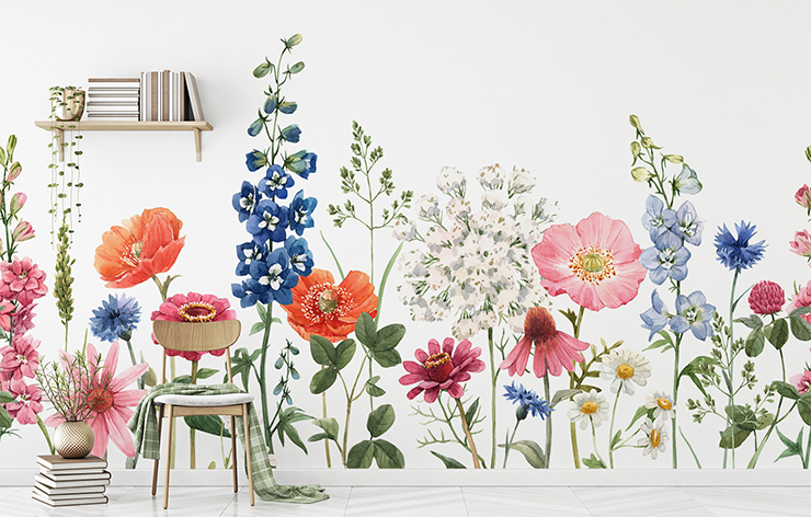 white background with colourful illustrated flowers wall mural in minimalist office