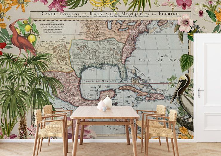 vintage and tropical caribbean map in dining room with wicker chairs
