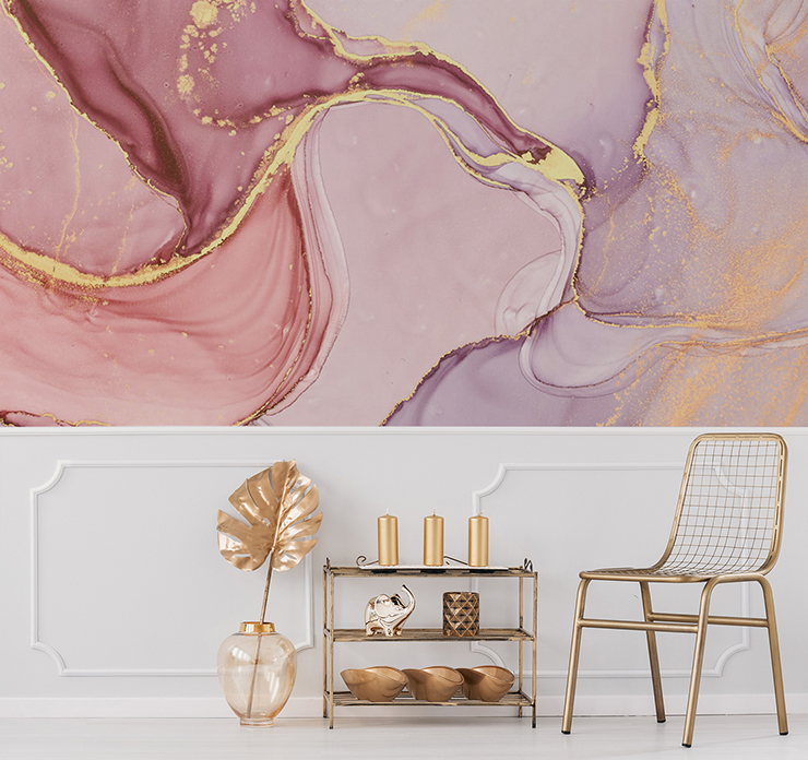 pink marble with gold touches wallpaper in gold lounge