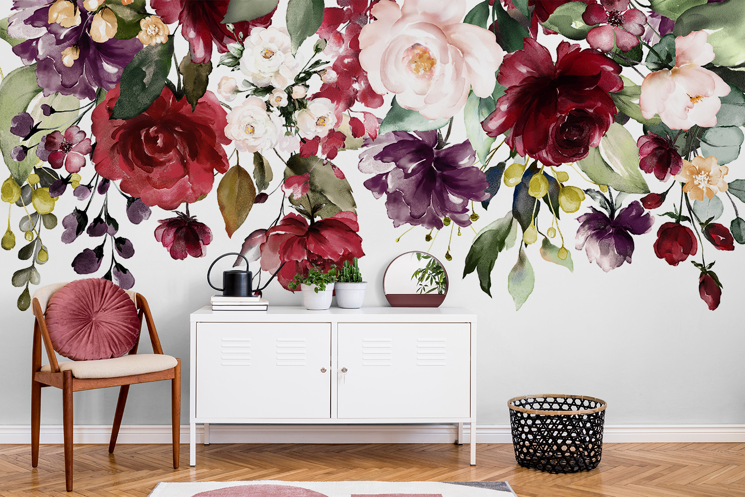 white background with maroon and plum coloured hanging flowers wallpaper in pink and white lounge