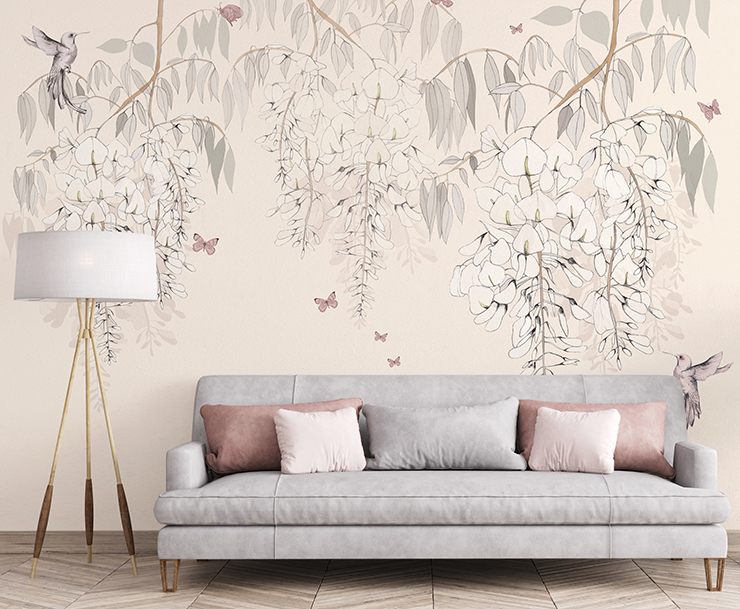 pastel pink floral and bird wallpaper in minimalist lounge