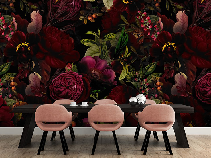 dark fuschia illustrated flowers in pink dining room