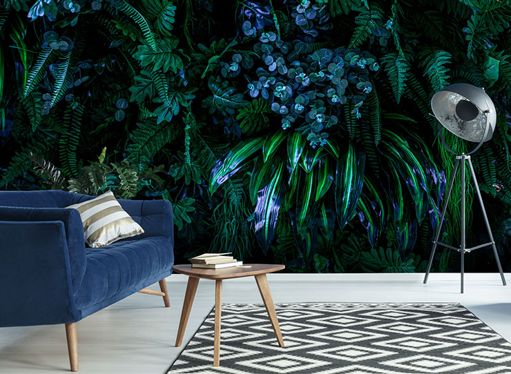 green and blue jungle wallpaper in navy lounge