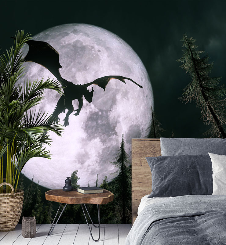 moon and dragon wall mural in grey bedroom